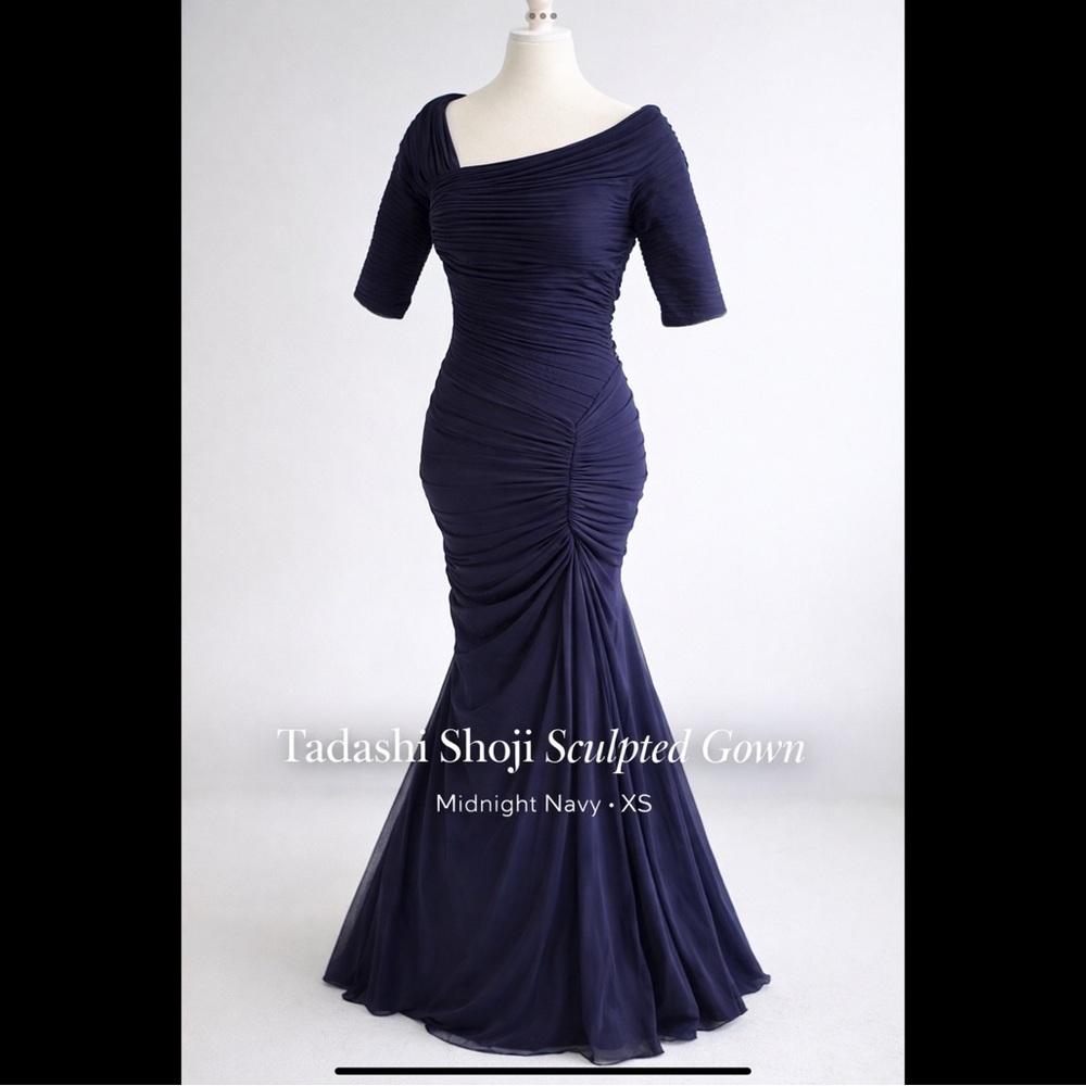 Tadashi Shoji Midnight Navy Sculpted Mermaid Gown XS Ruched Off-Shoulder Formal - Picture 7 of 9